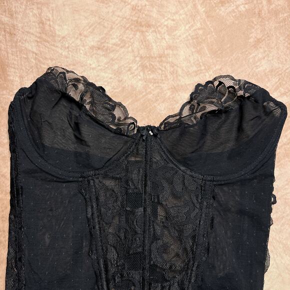 Floral Lace Polka Dot Mesh Corset Bustier Lingerie Top Ruffled Hem Garter Straps - Picture 3 of 5